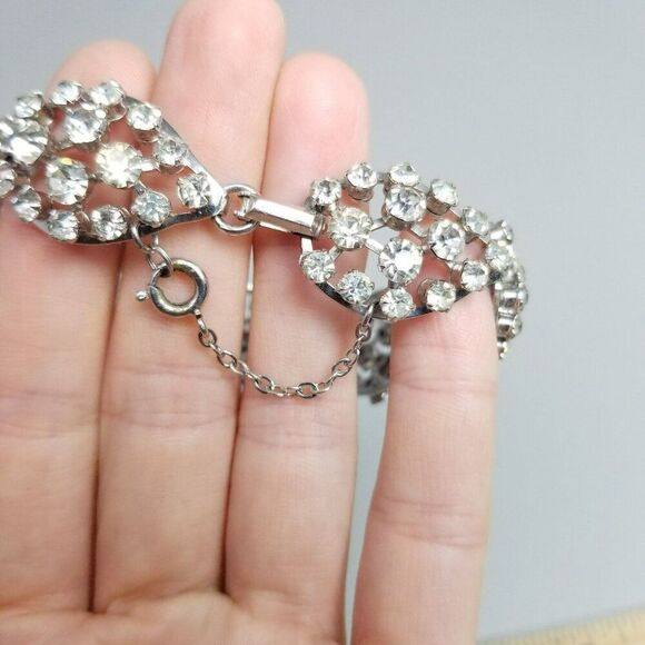 Vintage Rhinestone Panel Bangle Bracelet, Silver Tone Prong Set Glass Stones - Picture 7 of 8